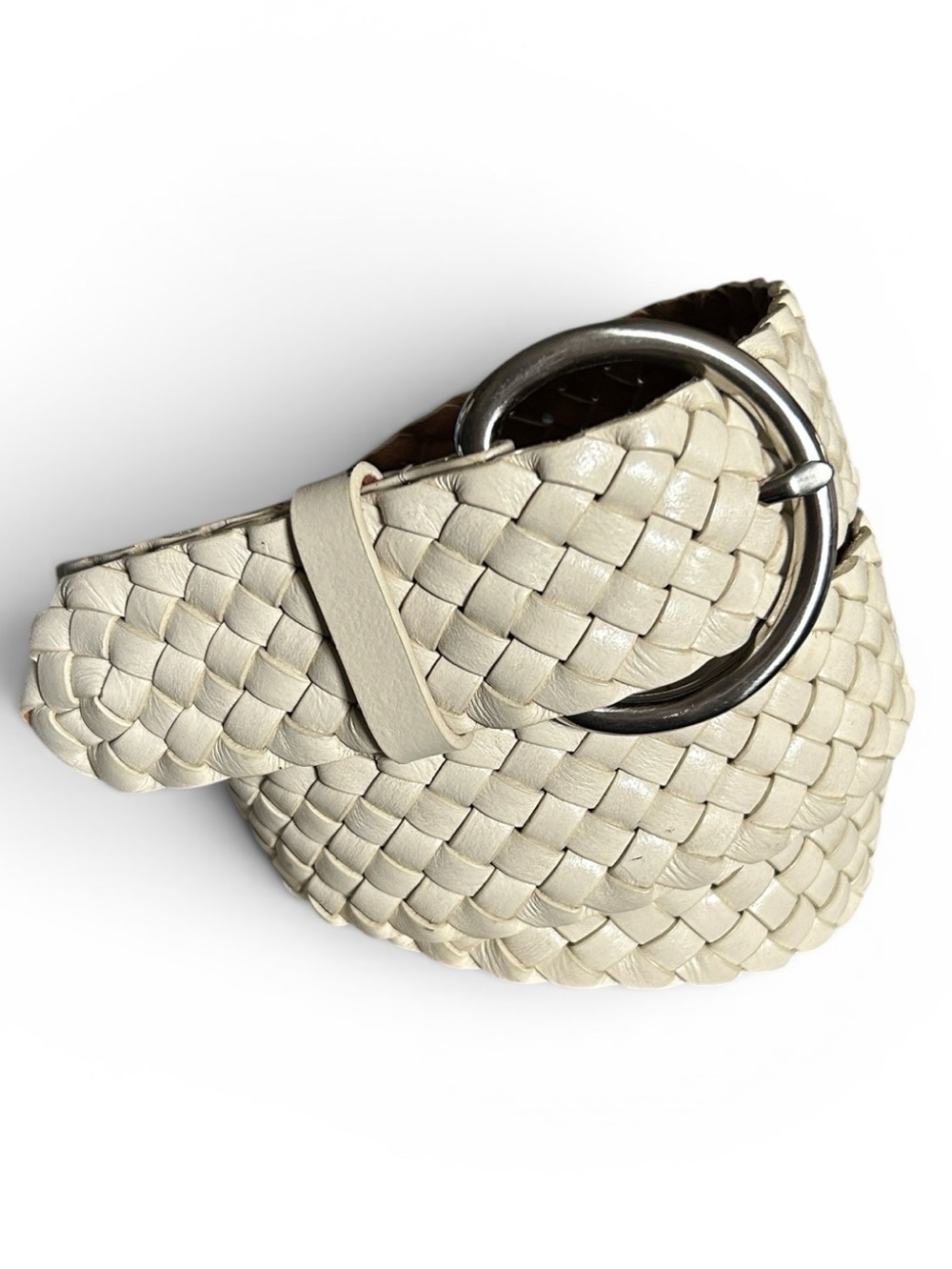 Talbots Cream Woven Leather Wide Belt with Silver Tone Solid Brass Buckle XL - Picture 2 of 6